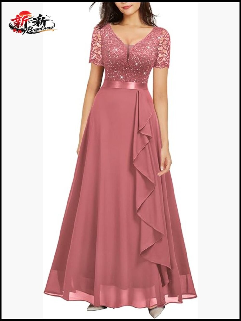 Classy V-Neck Ruffle Floral Lace Trim Sequined Maxi Bridesmaid Dress
